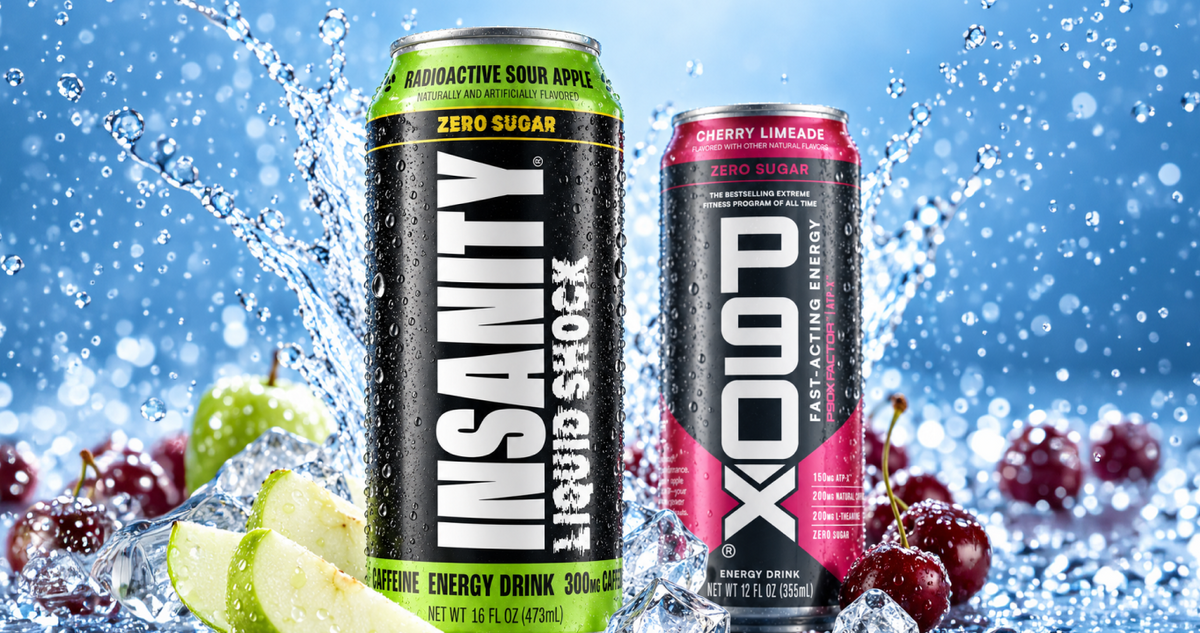 Promotional Ad with two cans of energy drinks. Buy one case of P90X Energy or INSANITY Liquid Shock and get the 2nd 50% off