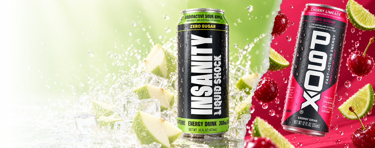 Promotional Ad with two cans of energy drinks. Buy one case of P90X Energy or INSANITY Liquid Shock and get the 2nd 50% off