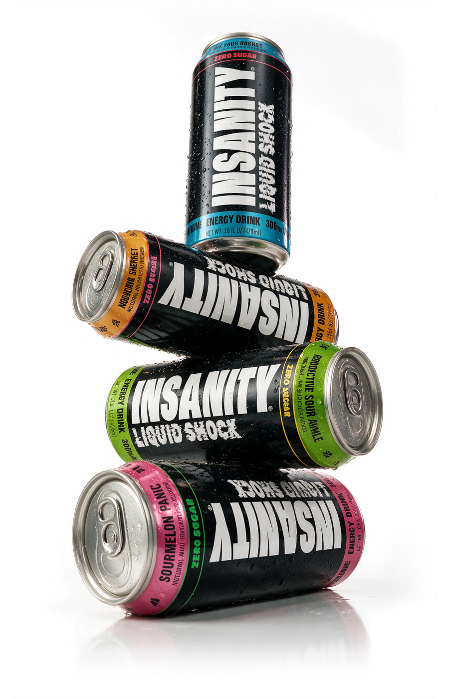 Stack of INSANITY Liquid Shock Energy Drink Cans
