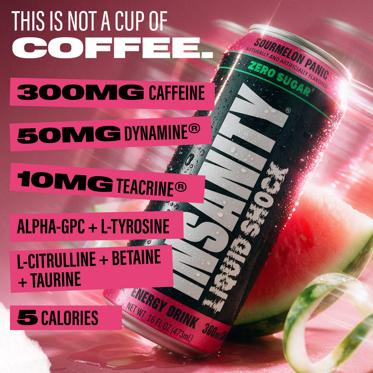 This is Not a Cup of Coffee. INSANITY Liquid Shock Energy Drink with key callouts