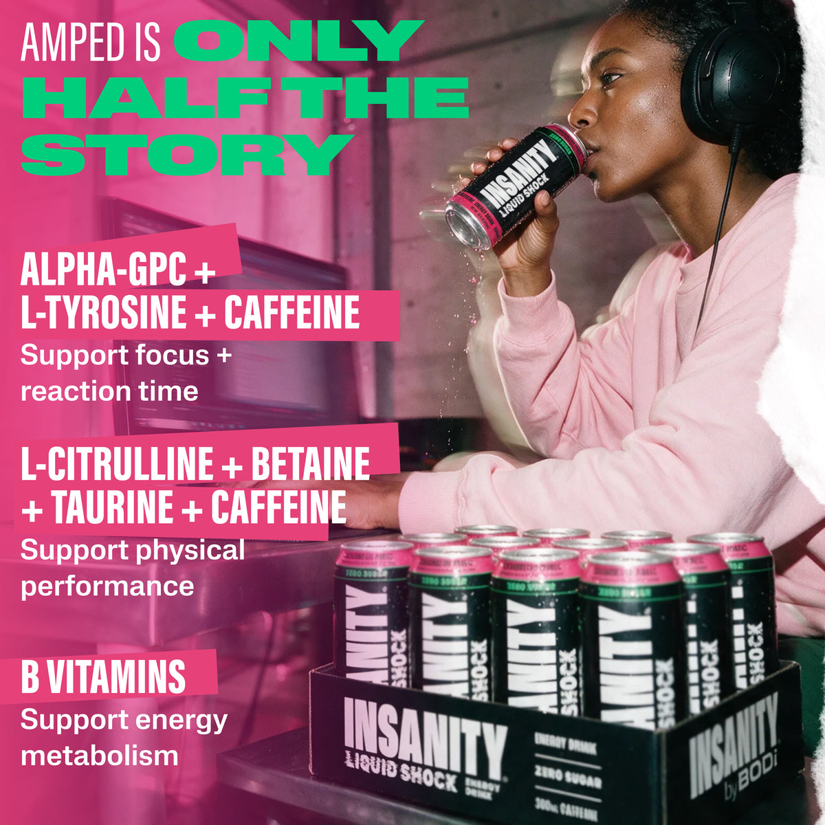 INSANITY Liquid Shock Energy. Amped is only half the story. Other Active Ingredient callouts