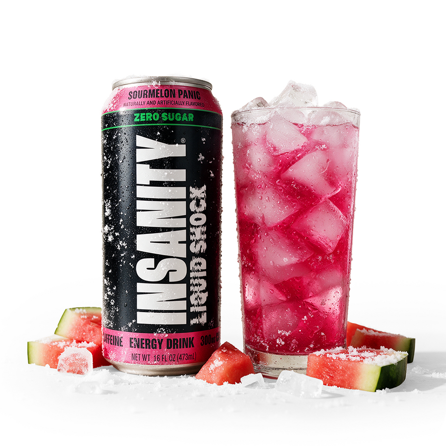 Image of INSANITY Liquid Shock Energy Drink Can next to a glass of it.
