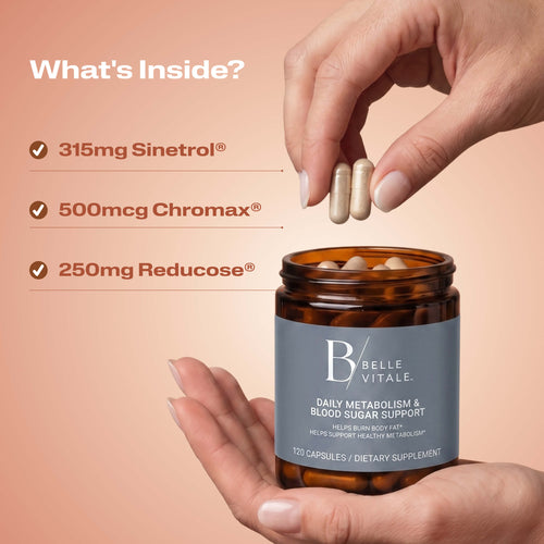 What's Inside. A jar of Belle Vitale Glucose Metabolism & Blood Sugar Support with ingredient callouts