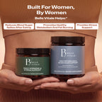 Built for Women, by Women. Woman holding Belle Vitale jars with benefit callouts