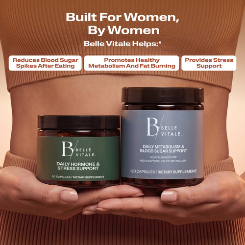 Built for Women, by Women. Woman holding Belle Vitale jars with benefit callouts