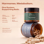 Hormones. Metabolism. One System Supporting Both. Two Belle Vitale supplement jars with ingredient callouts