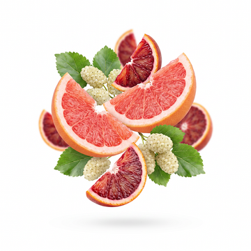 Fewer Blood Sugar Spikes: Fresh blood orange slices with pink-red pulp and pale greenish-white pomelo segments