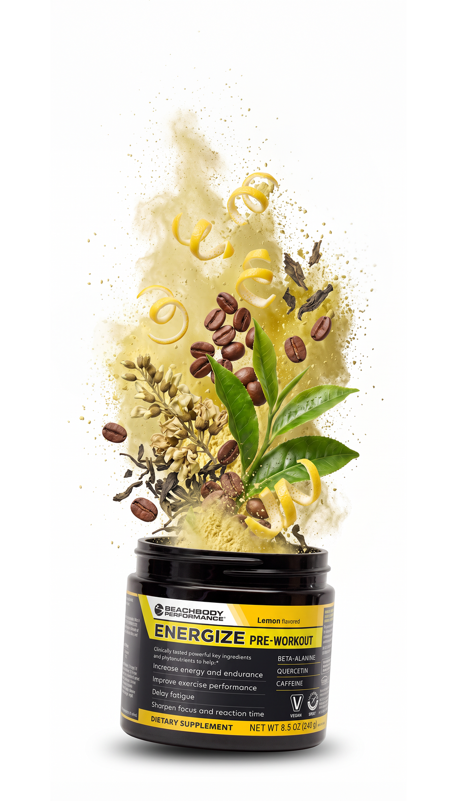 A tub of Energize with Ingredients exploding out of it