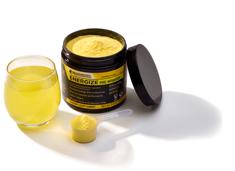 Energize Pre-Workout container with yellow drink, powder scoop, and lid displayed on white background.