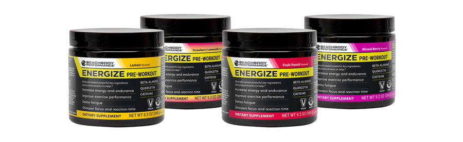 Four tubs of Energize in Lemon, Strawberry Lemonade, Fruit Punch, and Mixed Berry Flavors.