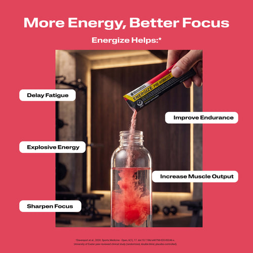 A clear bottle filled with Energize Pre-workout with benefit callouts.