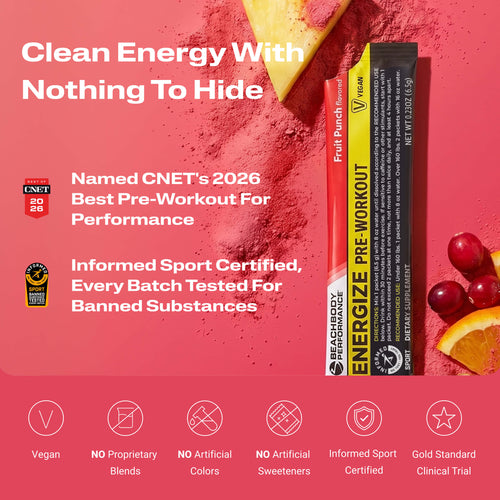 Energize Pre-workout with certification logos, and fruit slices partially visible at the edges.