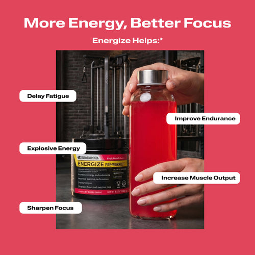 A clear bottle filled with Energize Pre-workout with benefit callouts.