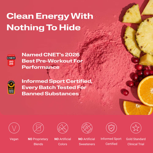 Energize Pre-workout with certification logos, and fruit slices partially visible at the edges.