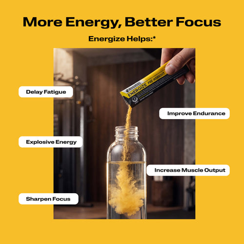 A clear bottle filled with Energize Pre-workout with benefit callouts.