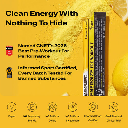 Energize Pre-workout with certification logos, and fruit slices partially visible at the edges.