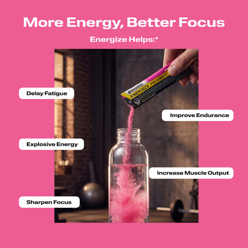 A clear bottle filled with Energize Pre-workout with benefit callouts.