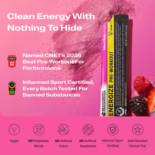 Energize Pre-workout with certification logos, and fruit slices partially visible at the edges.