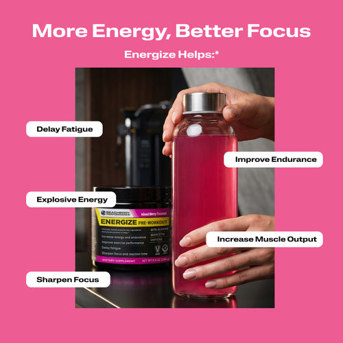 A clear bottle filled with Energize Pre-workout with benefit callouts.
