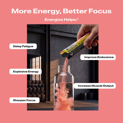 A clear bottle filled with Energize Pre-workout with benefit callouts.