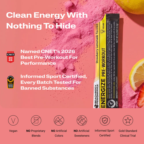 Energize Pre-workout with certification logos, and fruit slices partially visible at the edges.