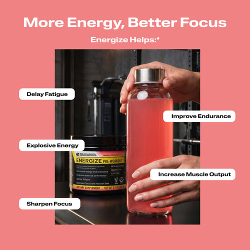 A clear bottle filled with Energize Pre-workout with benefit callouts.