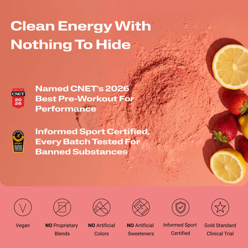 Energize Pre-workout with certification logos, and fruit slices partially visible at the edges.