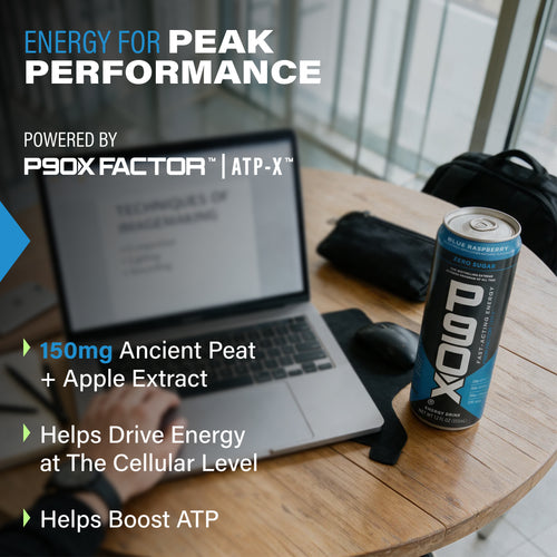Energy for Peak Performance. Lifestyle image of P90X Energy Drink with Clinical Callouts