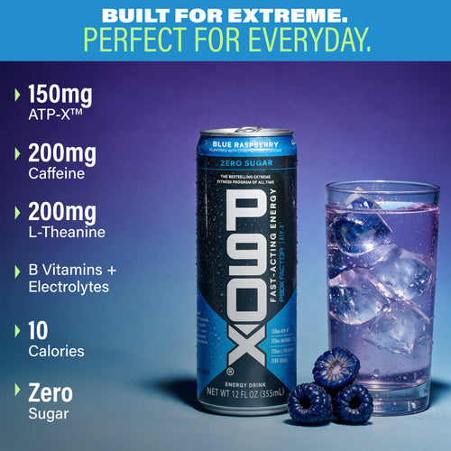 Built for extreme. Perfect for Everyday. Can and glass of P90X Energy Drink with Ingredient Callouts