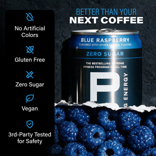 Better than your next coffee. Can of P90X Energy Drink with flavor notes and Validation Callouts