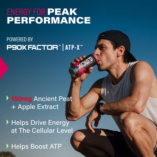 Energy for Peak Performance. Lifestyle image of P90X Energy Drink with Clinical Callouts