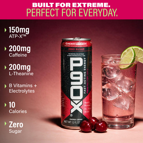 Built for extreme. Perfect for Everyday. Can and glass of P90X Energy Drink with Ingredient Callouts