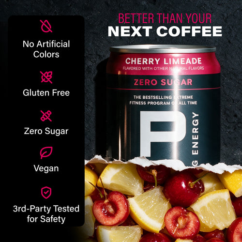 Better than your next coffee. Can of P90X Energy Drink with flavor notes and Validation Callouts