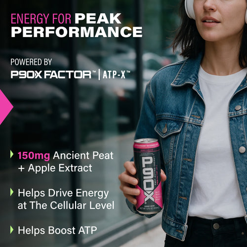 Energy for Peak Performance. Lifestyle image of P90X Energy Drink with Clinical Callouts