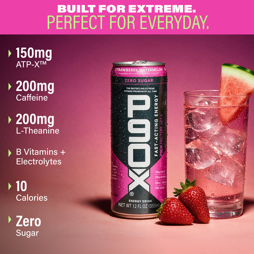 Built for extreme. Perfect for Everyday. Can and glass of P90X Energy Drink with Ingredient Callouts