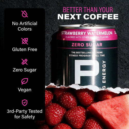Better than your next coffee. Can of P90X Energy Drink with flavor notes and Validation Callouts