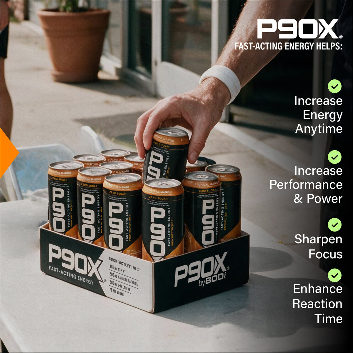 Lifestyle image of P90X Energy Drink with Benefit Callouts