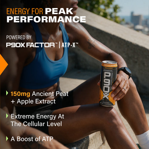 Energy for Peak Performance. Lifestyle image of P90X Energy Drink with Clinical Callouts