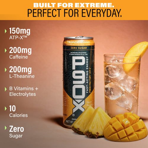 Built for extreme. Perfect for Everyday. Can and glass of P90X Energy Drink with Ingredient Callouts