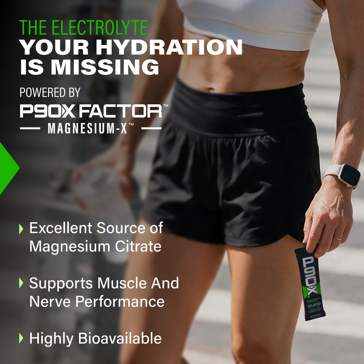 The electrolyte your hydration is missing. P90X Hydration Sticks with clinical callouts