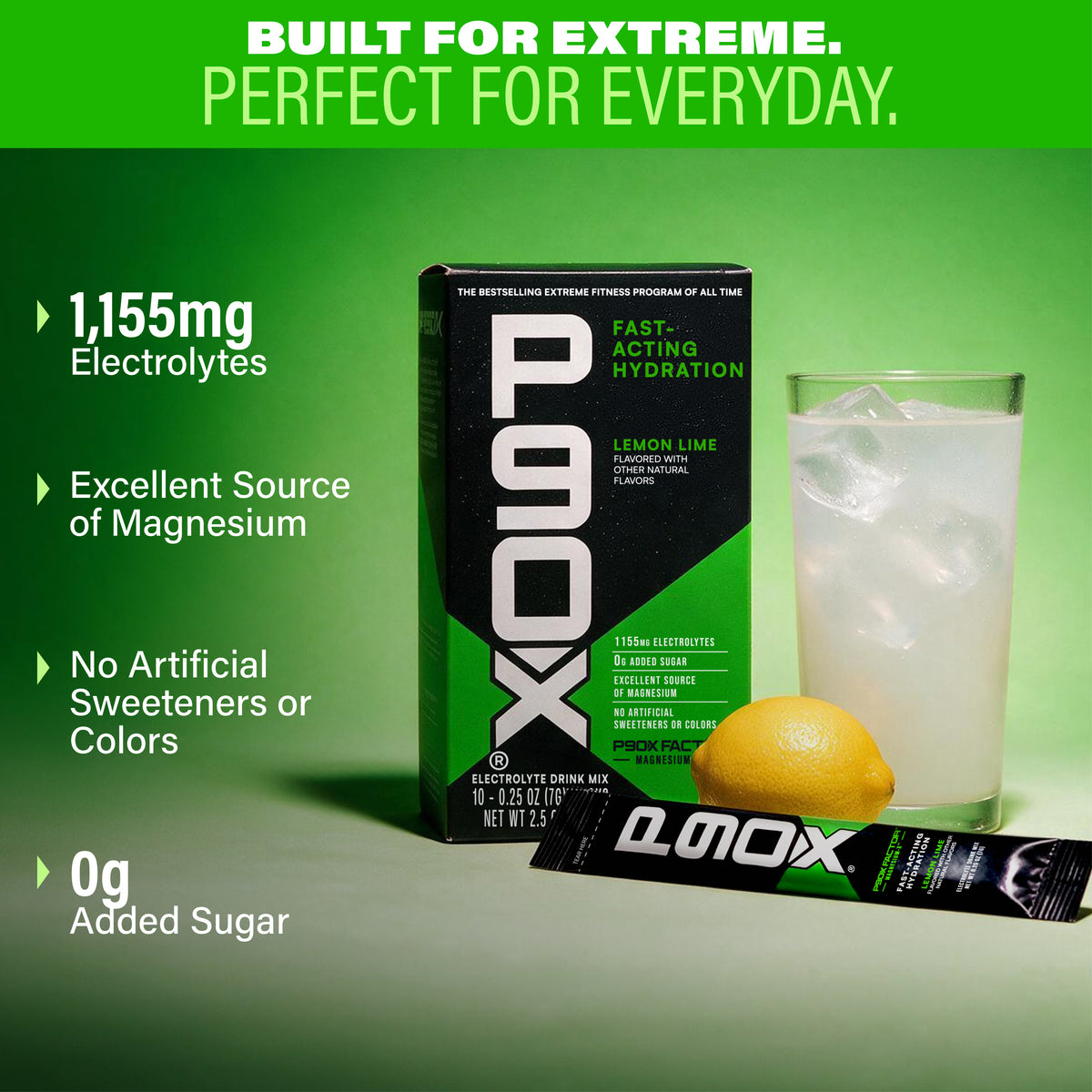 Built for Extreme. Perfect for Everyday. P90X Hydration Sticks with Ingredient callouts
