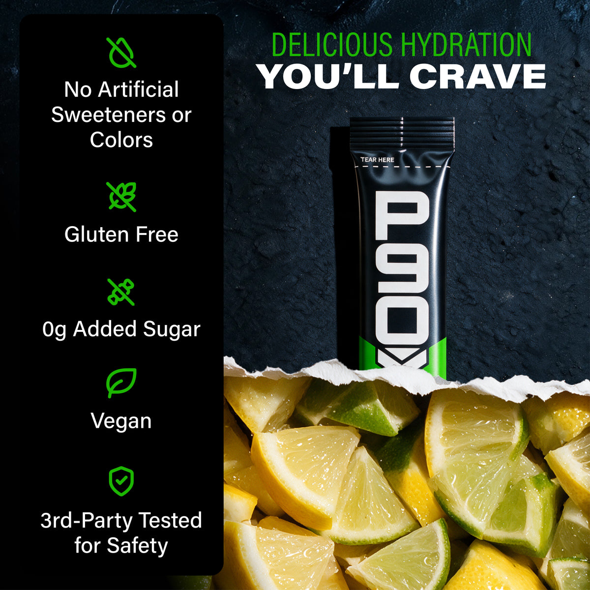 Delicious Hydration You'll Crave. P90X Hydration Sticks with validation callouts