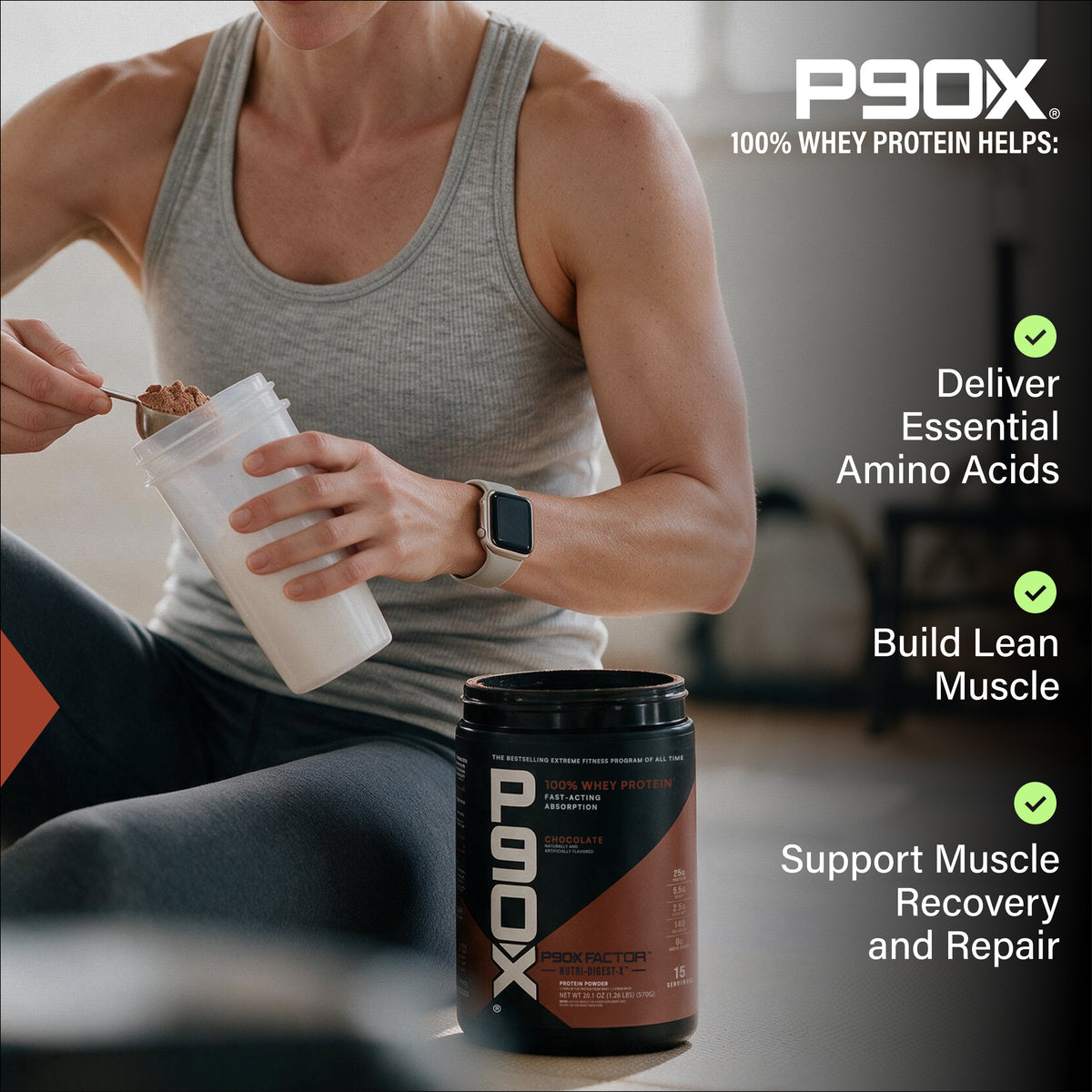 P90X Whey Protein with benefit callouts