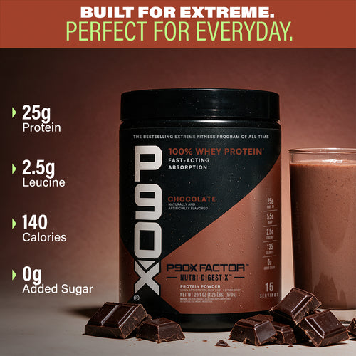 Built for Extreme. Perfect for Everyday. P90X Whey Protein with Ingredient callouts