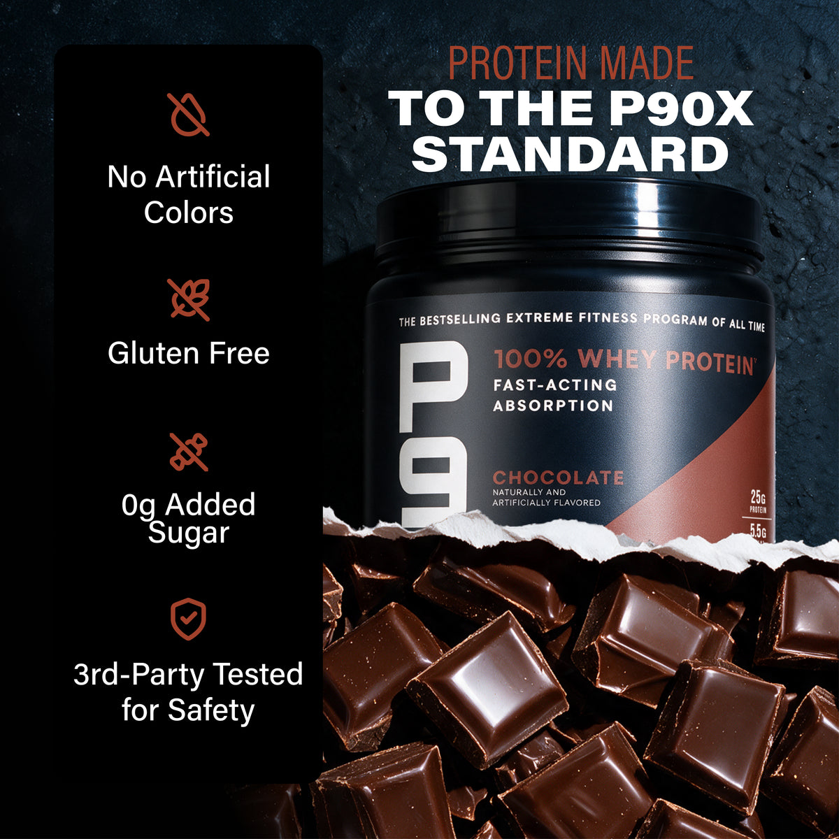 Protein made to the P90X Standard. P90X Whey Protein with validation callouts