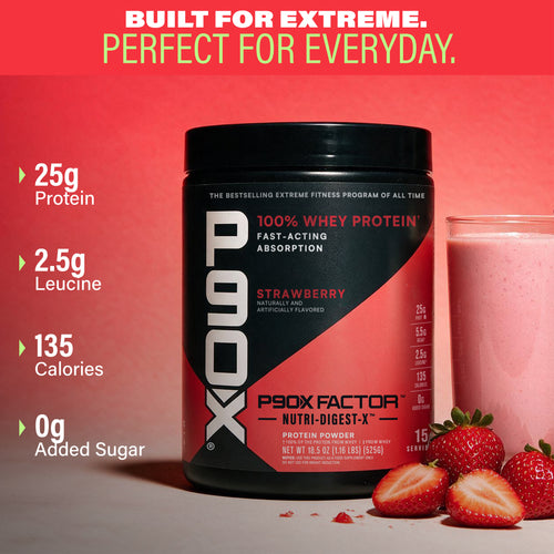 Built for Extreme. Perfect for Everyday. P90X Whey Protein with Ingredient callouts