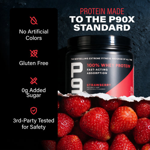Protein made to the P90X Standard. P90X Whey Protein with validation callouts