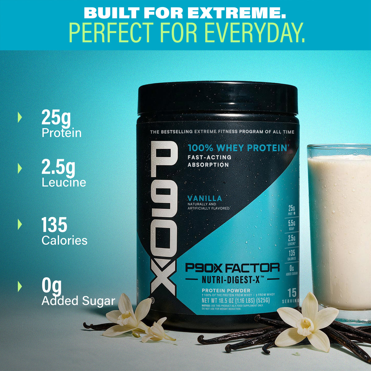 Built for Extreme. Perfect for Everyday. P90X Whey Protein with Ingredient callouts