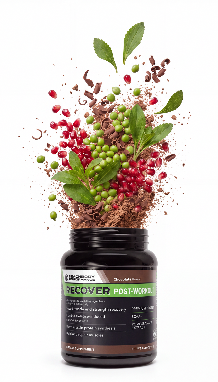 Tub of Recover Post Workout Protein with exploding ingredients