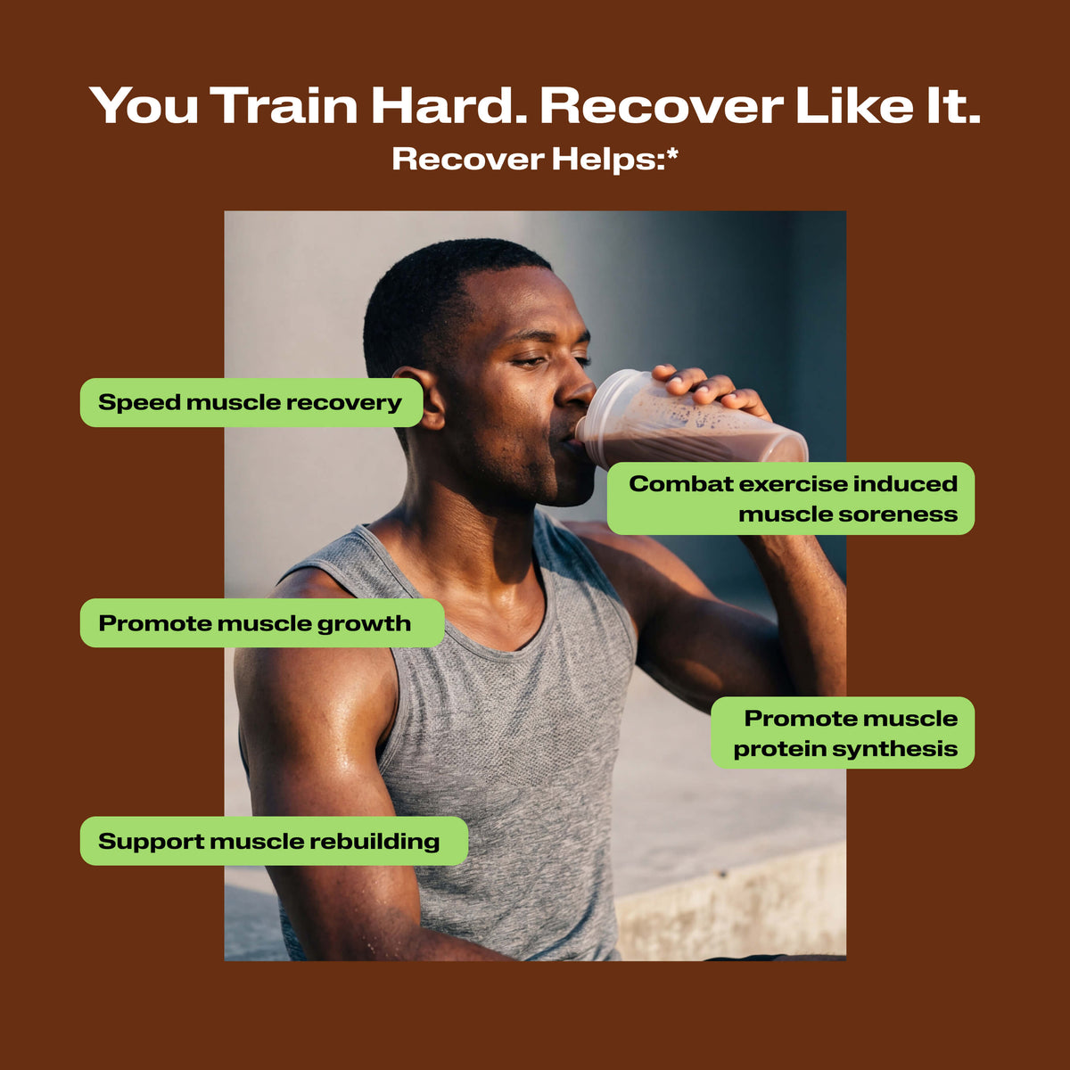 You Train Hard. Recover Like It. Recover Helps. Athlete drinking Recover in bottle with benefit callouts